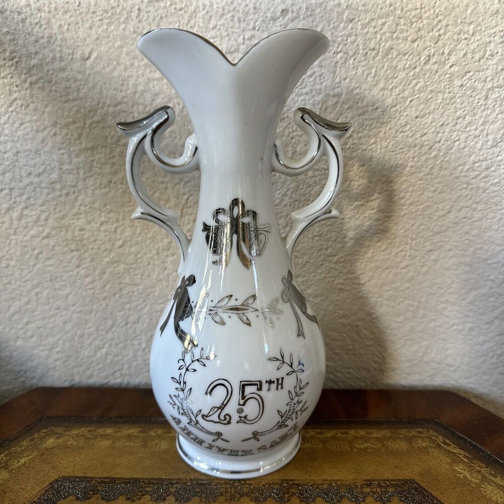 VINTAGE LEFTON CHINA 25TH‎ ANNIVERSARY VASE SILVER CELEBRATION HAND PAINTED 2283